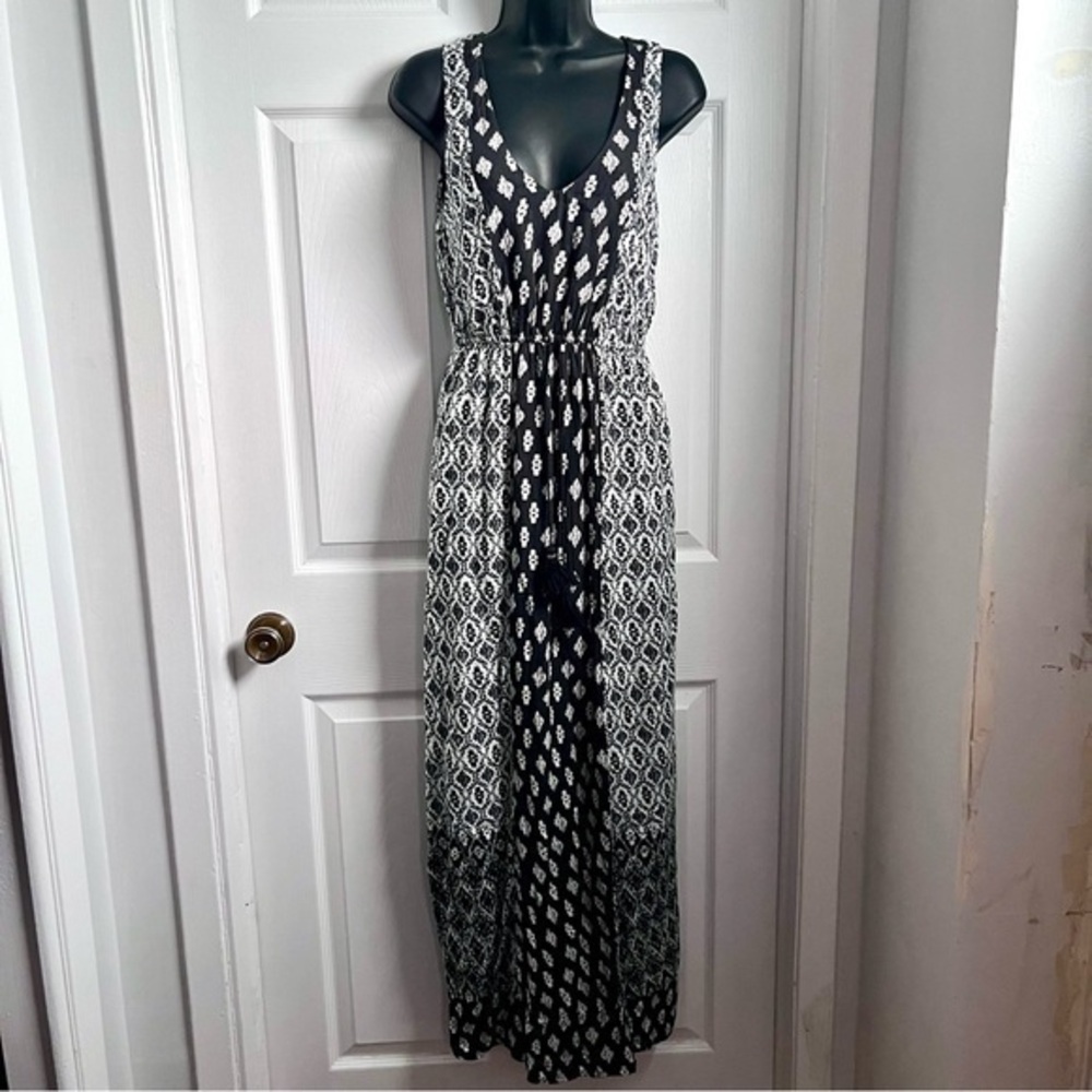 Lucky Brand Dress Maxi Small Women Sleeveless v neck black White summer boho